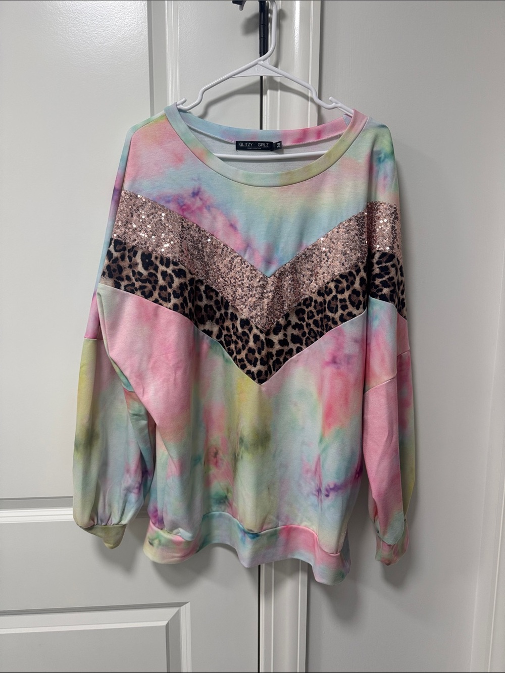 Tie-Dye Sequin & Leopard Chevron Sweatshirt - Pastel